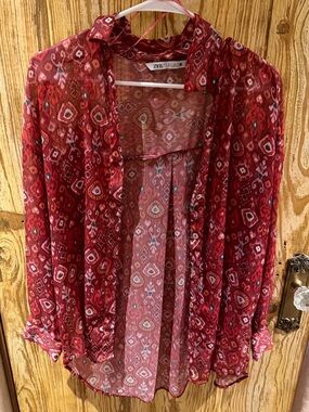 Zara Sheer Red Printed Button-Down Blouse